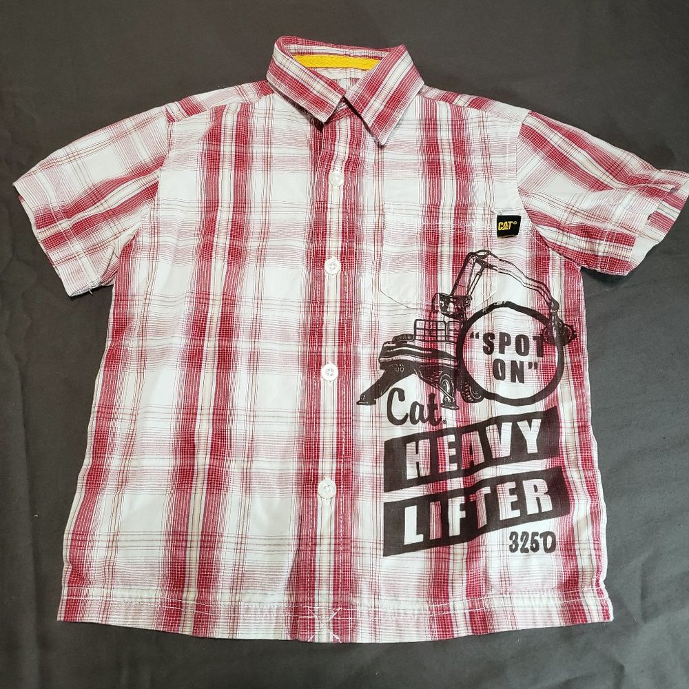 CAT Button Up Shirt Collared Vertical Stripe Red Excavator Machine 325D 3T Size